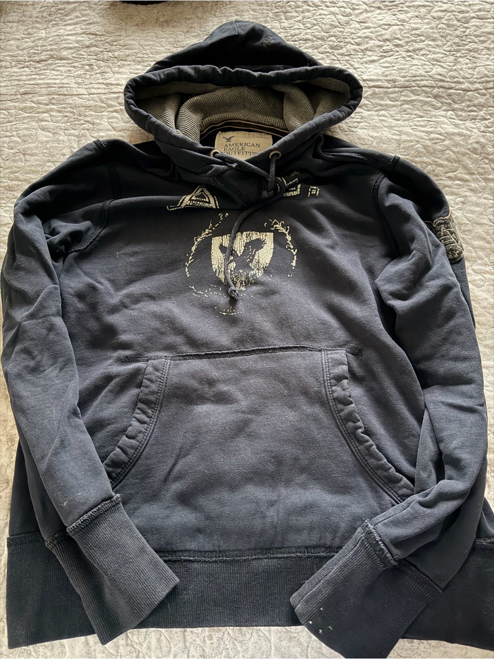 American Eagle Outfitters Black Hooded Pullover with Distressed Graphic